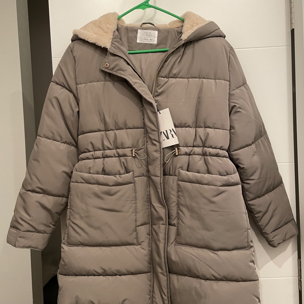 NEW Zara Puffer Jacket Coat Winter Long Outerwear Fur Hood Youth Kids 13 14 XS